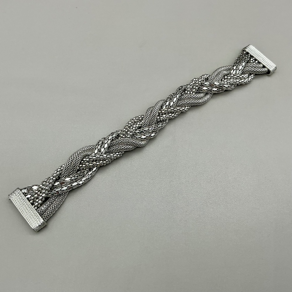 Braided Mesh Bead Chain Bracelet Women Silver Tone Magnetic Clasp Statement 7.5"